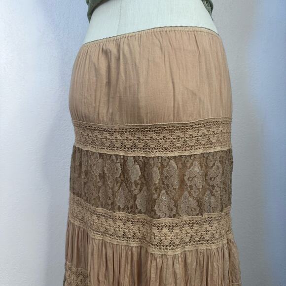 Y2K Boho Lace Midi Skirt Taupe Brown Tiered Ruffle Peasant Cottagecore Fairycore - Picture 4 of 7